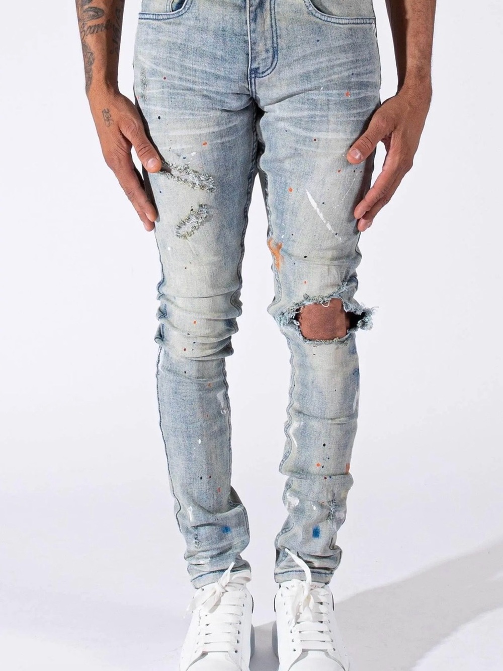 Distressed Paint-Splatter Skinny Jeans (Serenede Jean Michael Jeans)